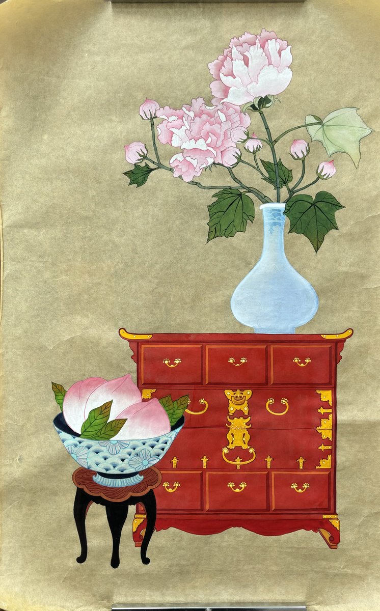 Still Life Painting By Sun-Hee Jung, 18 X 29", Red Cabinet, Original Artwork