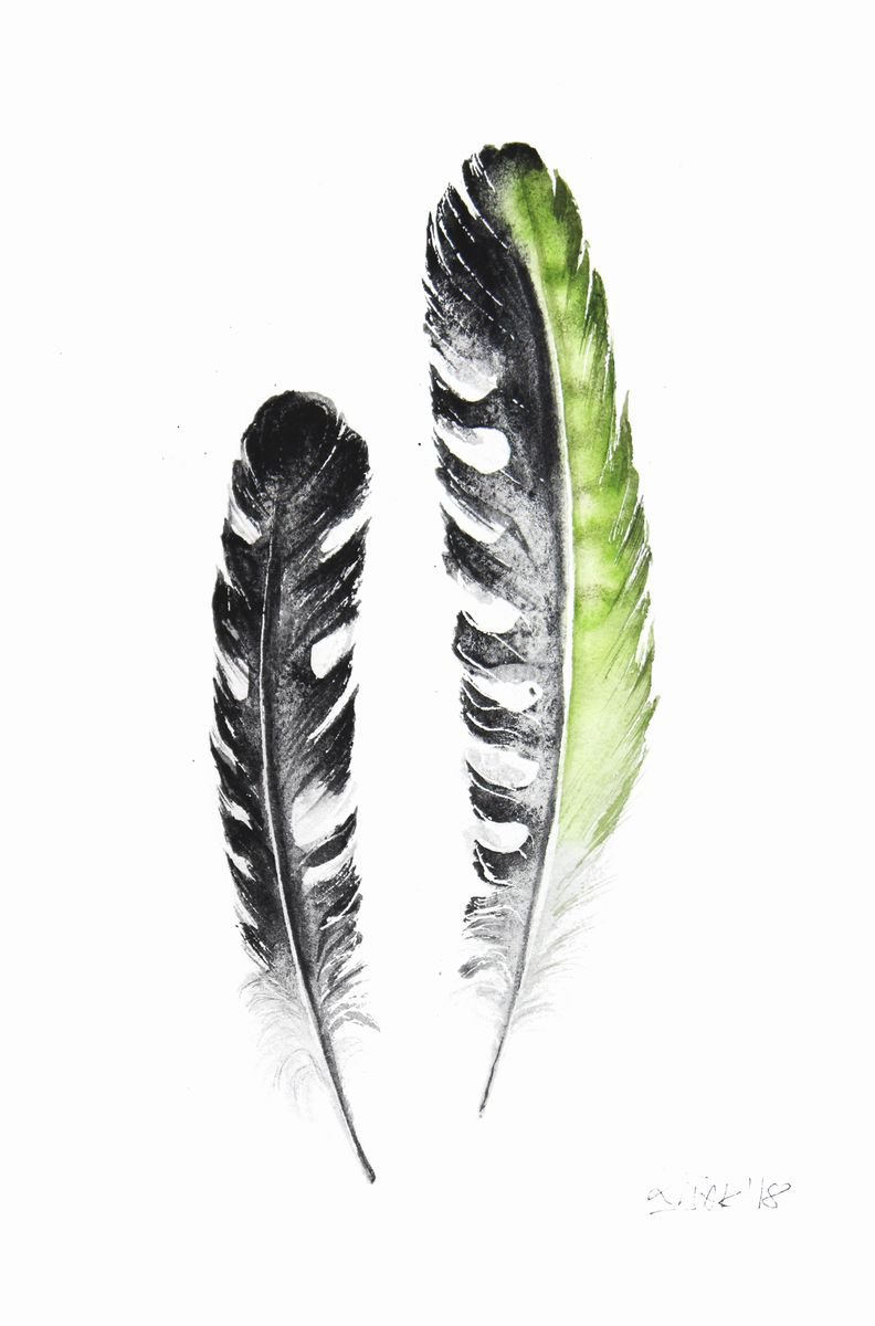 Feathers of Green woodpecker, 21x30cm, birds, wildlife and animals watercolours by Karolina Kijak