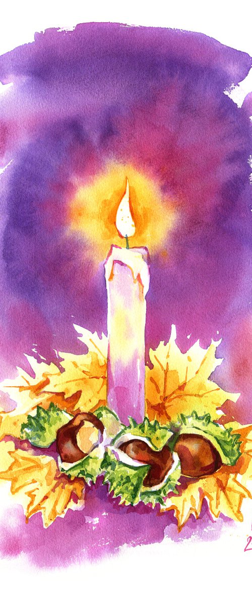 "Autumn candle is burning" original watercolor artwork illustration by Ksenia Selianko