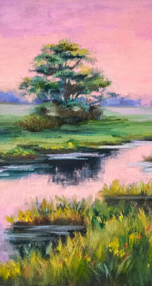 Sunrise landscape trees river by Anastasia Art Line