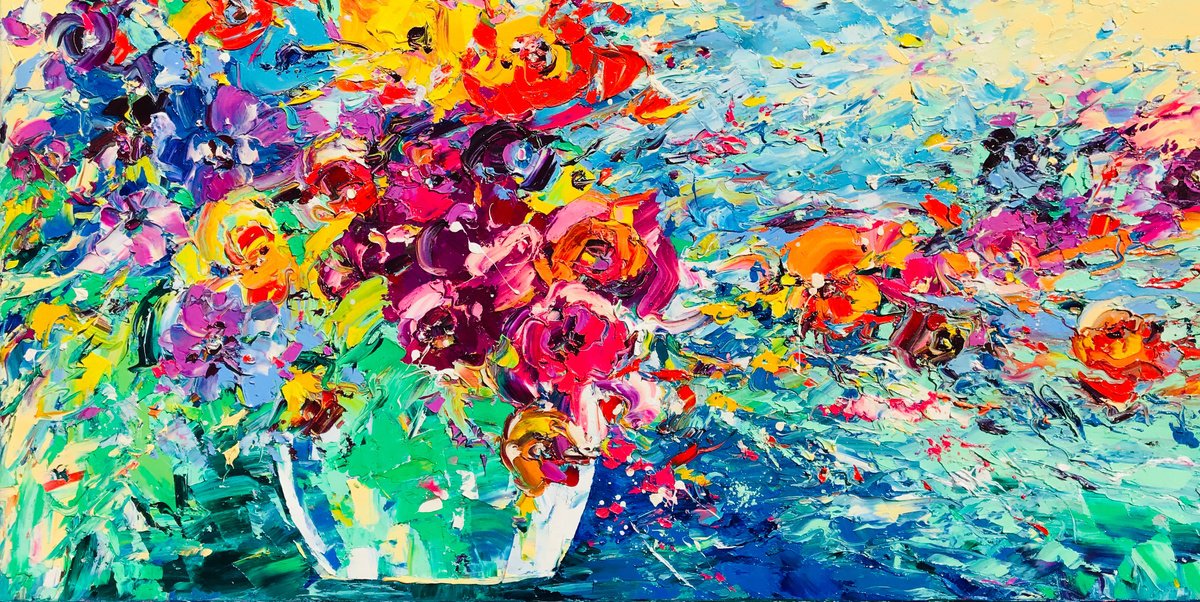 Abstract Botanical Oil Painting By Svitlana Andriichenko, 31 X 16", Infinity, Original Artwork