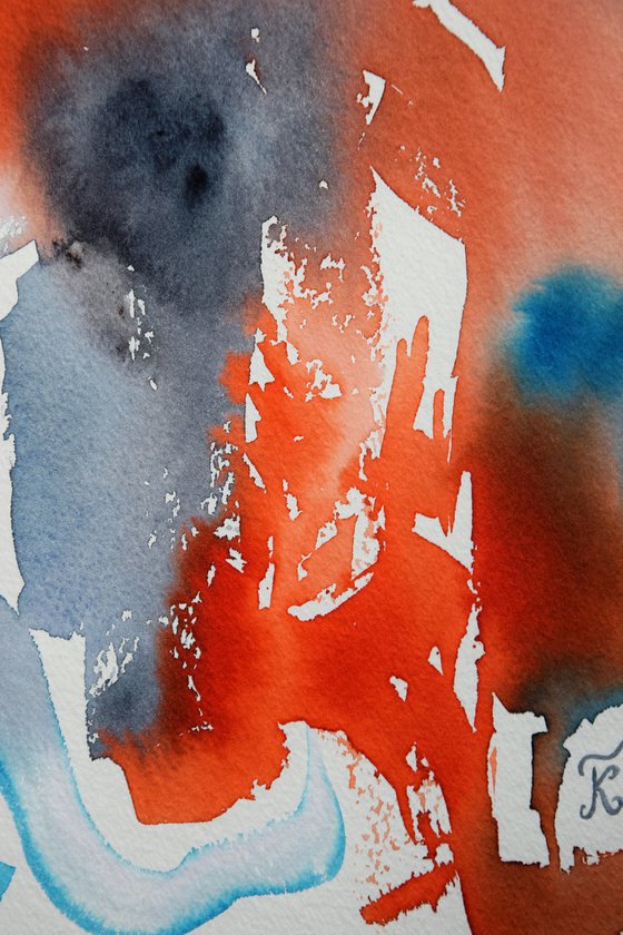 Abstract wall art, Contemporary Watercolor Painting, Modern Abstract blue and orange