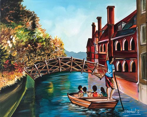 Original Acrylic painting on stretched Canvas. Scenery, Landscape, Mathematical Bridge, Cambridge, British Art by Naushad Arts