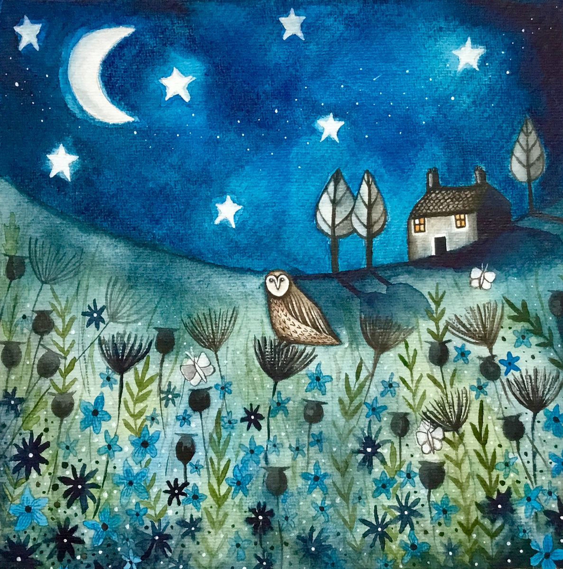 Midnight Moon Watercolour Painting Artfinder
