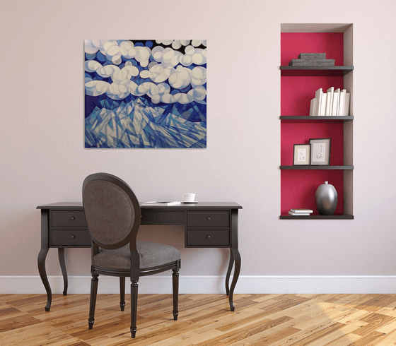 Winter evening (90x80cm, cubism, oil painting, ready to hang)