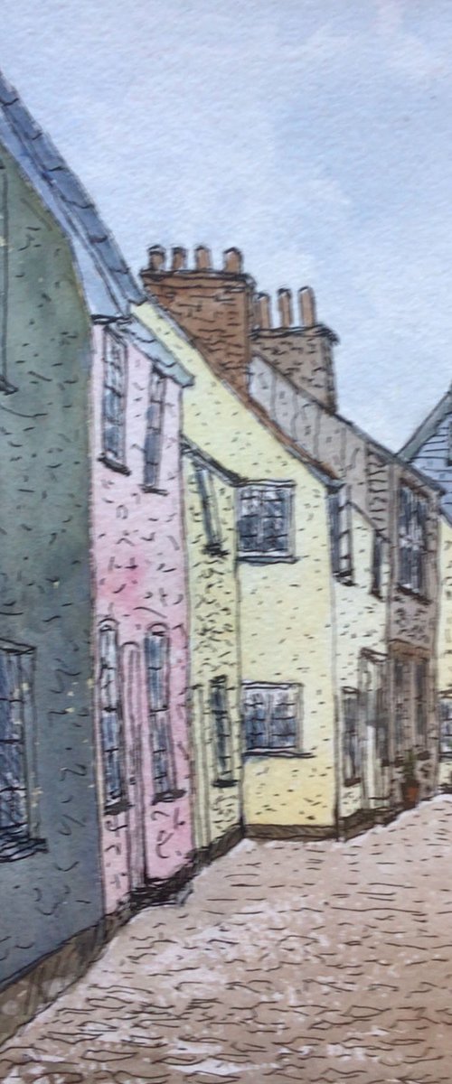 Cobbled Cornish Street in Boscastle. An original ink and watercolour. by Julian Lovegrove Art