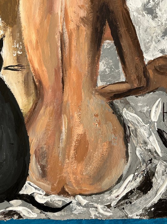 Nude Painting Woman Original Art Black Cat Acrylic Impasto Artwork Dali Home Wall Art 12 by 17" by Halyna Kirichenko