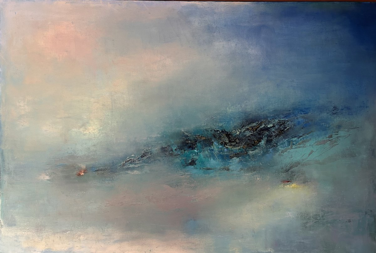 Expressive Landscape Oil Painting By Ludmila Budanov, 59 X 39", Landscape In Blue, Original Artwork