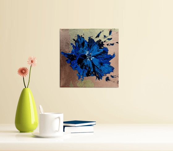 Abstract flower blue gold and copper - free shipping - palette knife painting