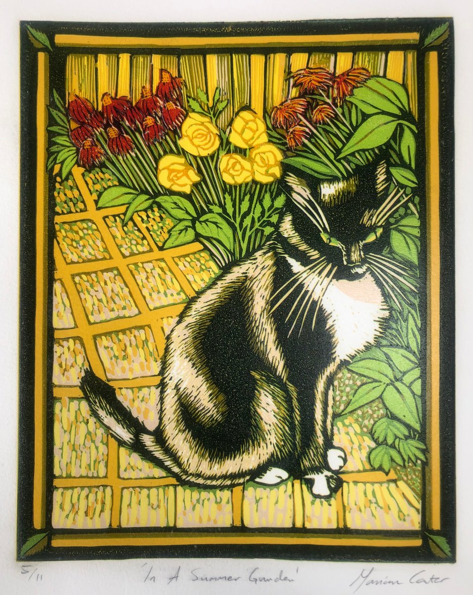 Illustrative Animal Linocut By Marian Carter, 11 X 15", In A Summer Garden, Original Artwork