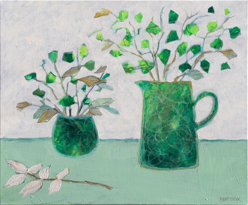 SPECIAL DECORATIVE ART NAIVE STYLE Green pot and jug Fine art Still life Home deco Interior design Wall art Affordable painting by Fabienne Monestier