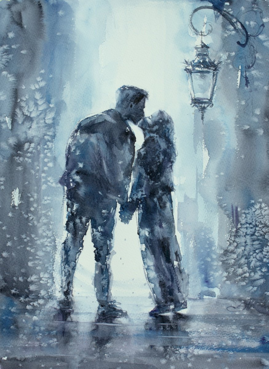 Impressionistic Portrait Watercolour By Eve Mazur, 12 X 16, Magic Of Love..., Original Artwork