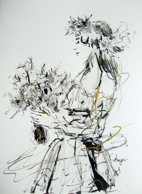 Figurative  Drawing  On Paper-Woman Series Ink Drawings-Study for Spring