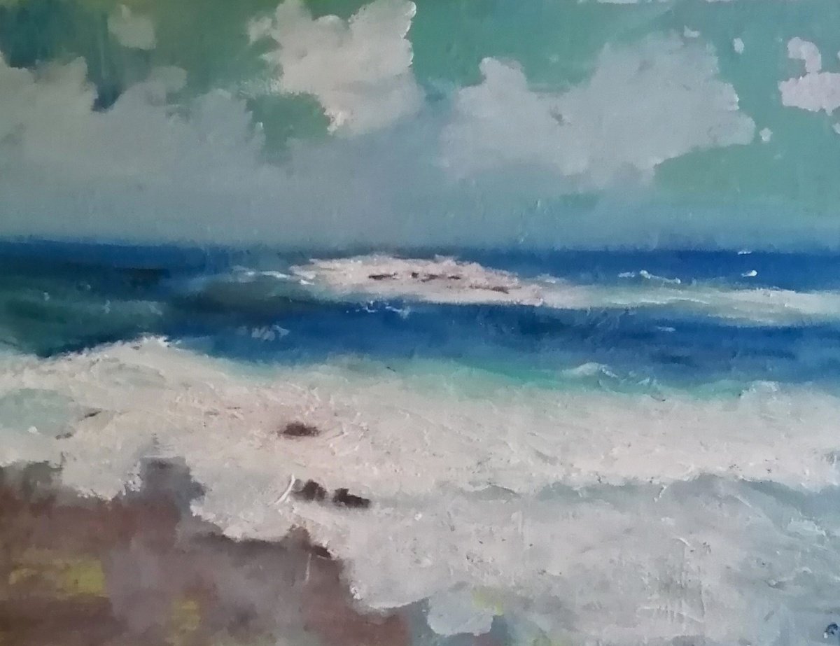 Impressionistic Landscape Oil Painting By Rosemary Burn, 16 X 12", Sea And Sky, Cape Cornwall, Original Artwork