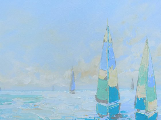 FREEDOM. Sailboats Regatta Modern Seascape Coastal Painting