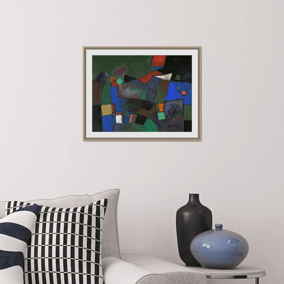 Nighttime, dark colors of the night, red blue black and grays, geometric abstract art