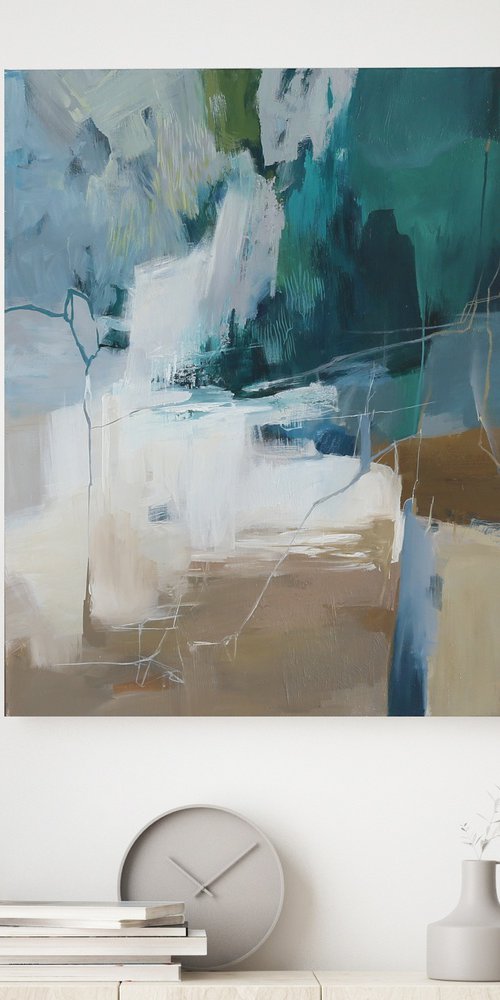 "Influence 2" Abstract teal green acrylic art by Yana Sagan