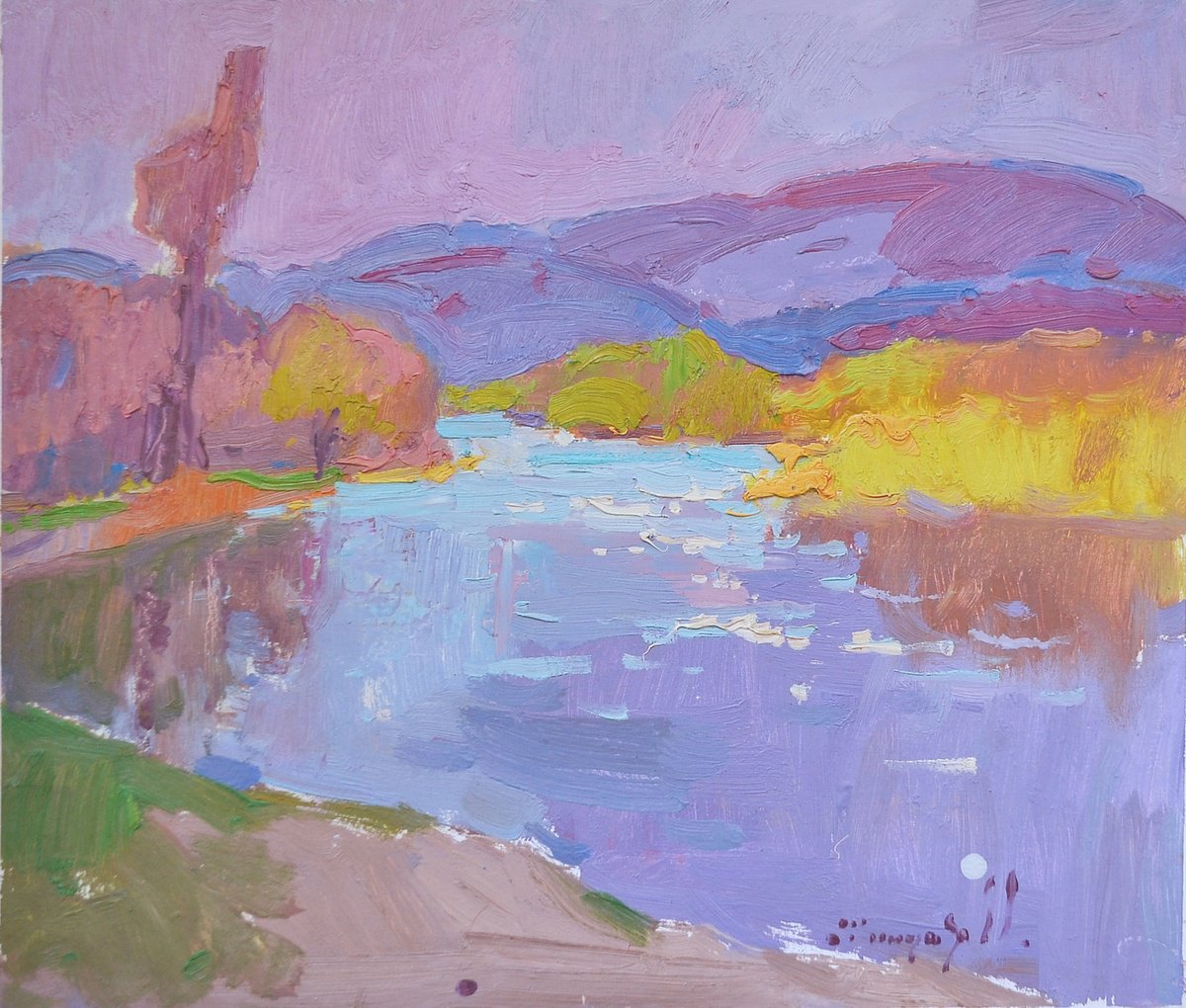 Impressionistic Landscape Oil Painting By Alexander Shandor, 15 X 13, Backwater, Original Artwork