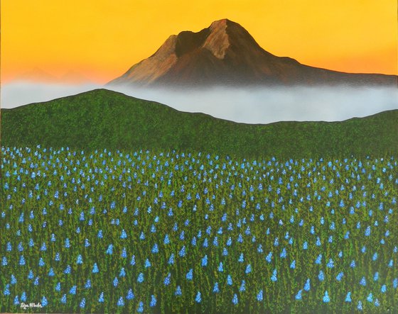 Mystic Morning -  mystic mountain mist and bluebonnet landscape; home, office decor; gift idea