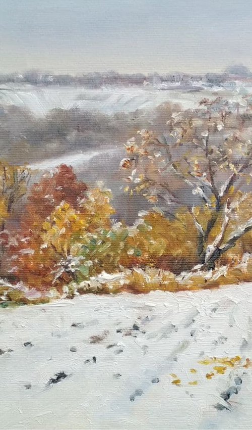First snowfall /  Autumn winter season. Panoramic landscape. Original art work by Olha Malko