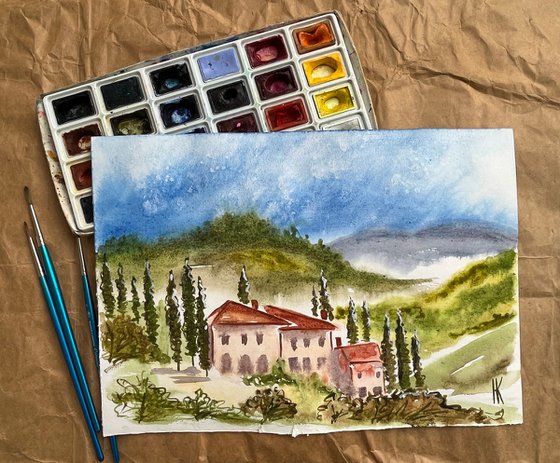 Tuscany Painting Italy Original Art Farm House Watercolor Poplar Tree Artwork Small Landscape Wall Art 12 by 8 inches