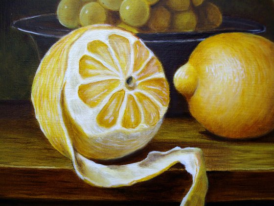 Peeled lemon with parrot