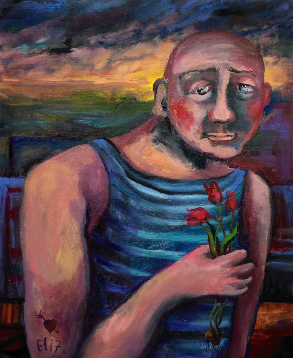 Expressive Portrait Acrylic Painting By Elisheva Nesis, 20 X 24, Morning Excuses, Original Artwork