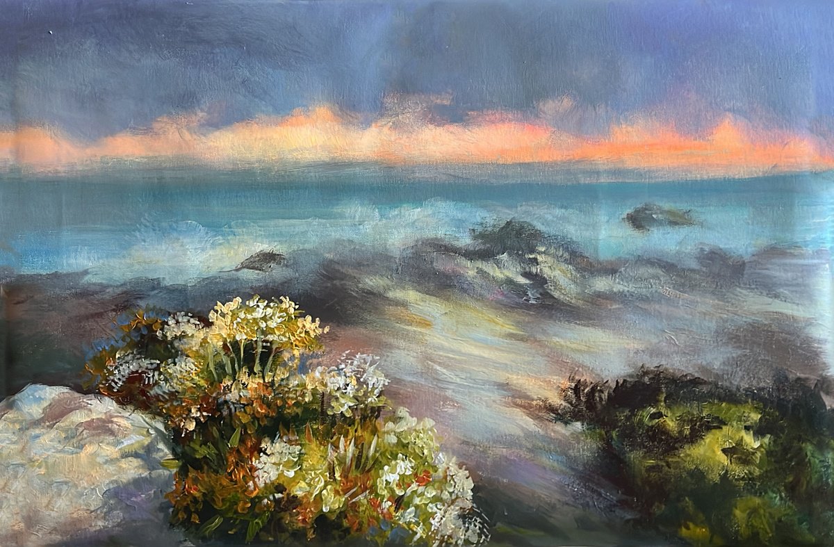 Impressionistic Landscape Acrylic Painting By Maria Kireev, 23 X 15", Evening Glow, Original Artwork