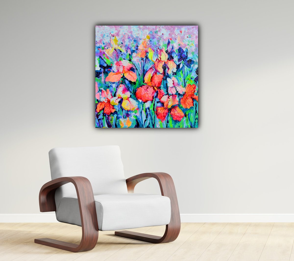 Impressionistic Botanical Acrylic Painting By Soos Roxana Gabriela, 16 X 16", Iris Flower Field, Original Artwork