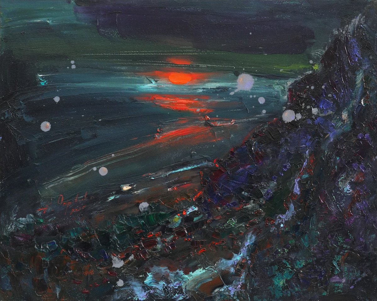 Impressionistic Landscape Oil Painting By Alisa Onipchenko-Cherniakovska, 20 X 16, Red Moon Rising, Original Artwork