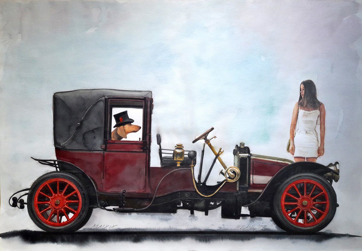 Photorealistic Portrait Watercolour By Reme Jr., 20 X 14", Teckel (Dachshund) In Retro Car (1910 Renault Landaulette) And Girl, Artfinder