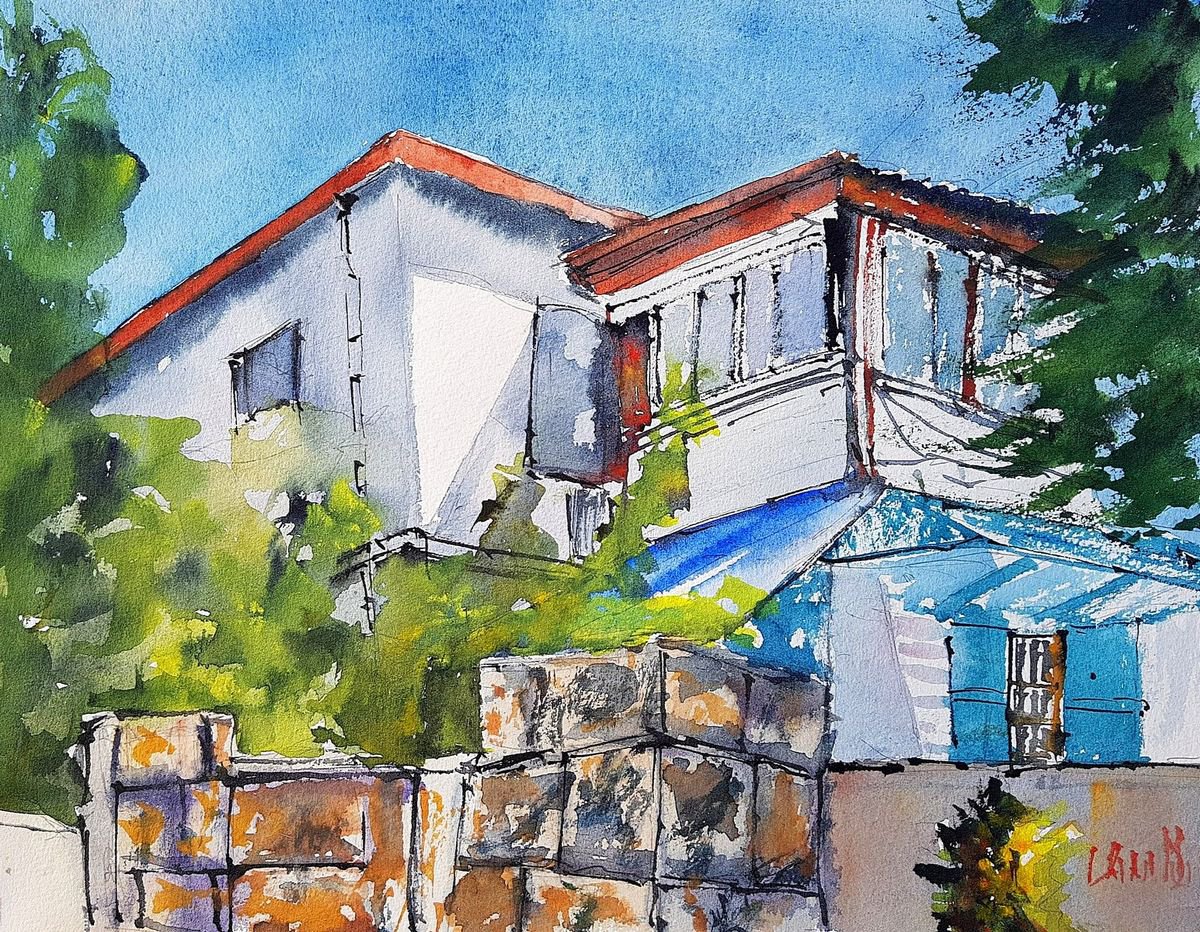 Impressionistic Cityscapes Watercolour By Leonid Kirnus, 14 X 11", Bat-Galim 2, Original Artwork