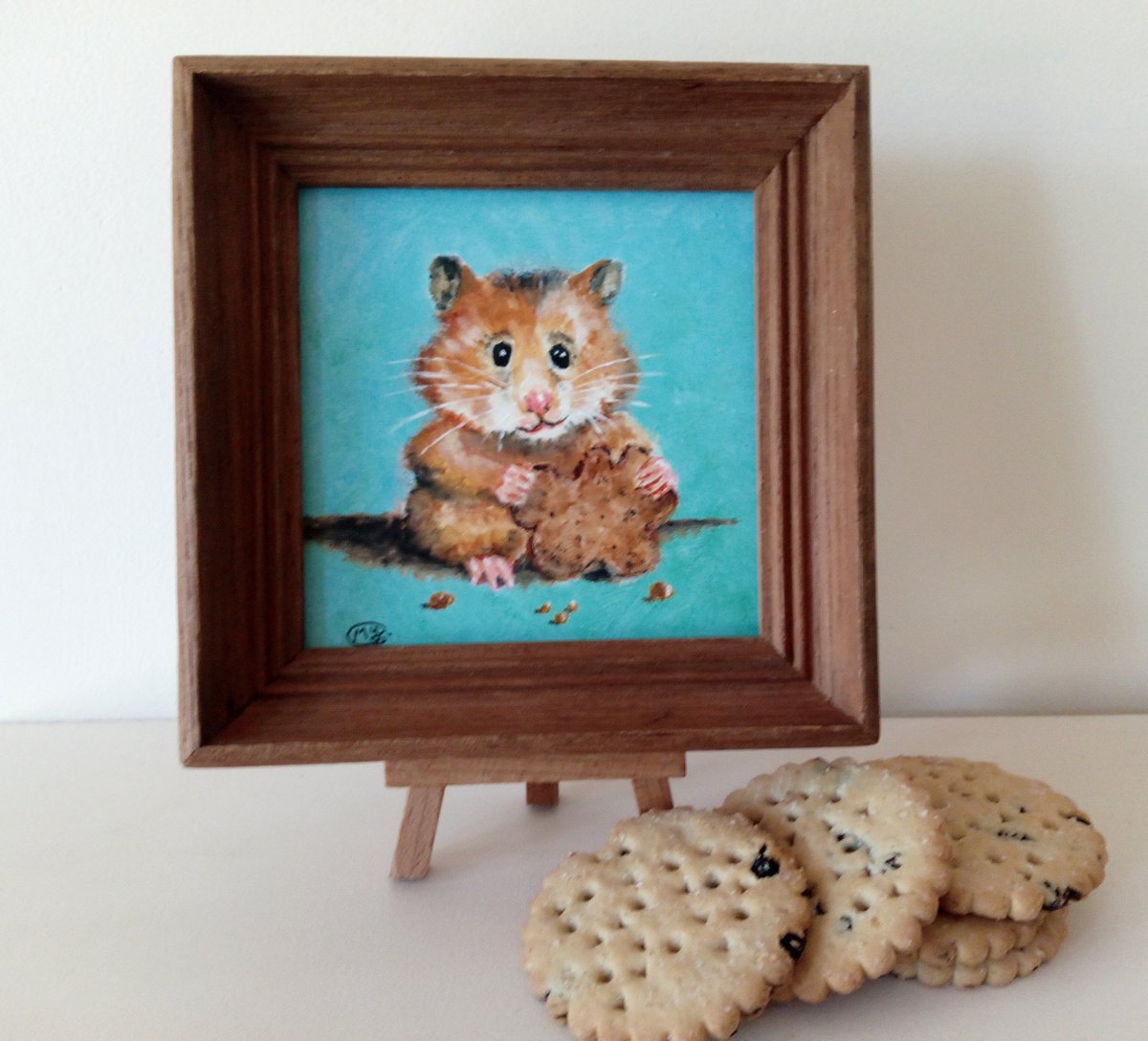 Hamster and Biscuit. Small acrylic framed painting. by MARJANSART