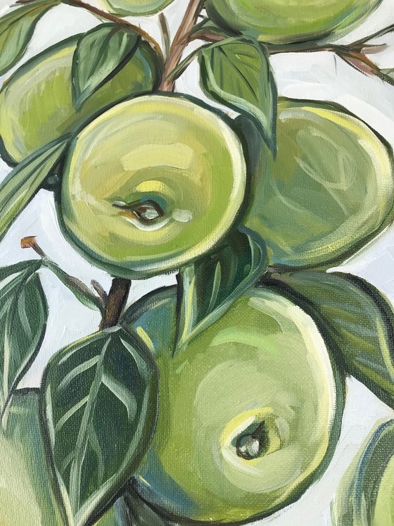 Green apple tree  still life oil painting on canvas 41x32