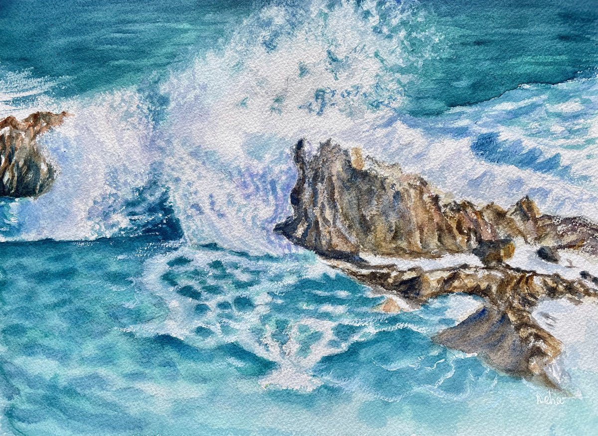 Impressionistic Landscape Watercolour By Neha Soni, 12 X 9", Sea And Waves (2), Original Artwork