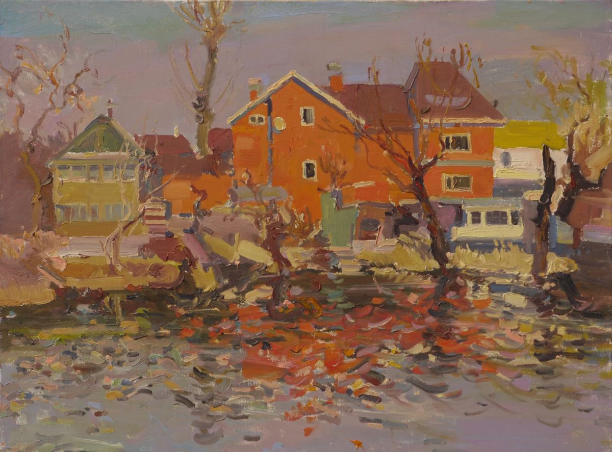 Impressionistic Cityscapes Oil Painting By Victor Onyshchenko, 31 X 24", Red Buildings, Original Artwork