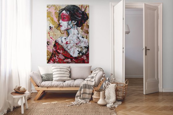 Cherry Yua 140cm x 100cm Geisha Textured Abstract Realism Art