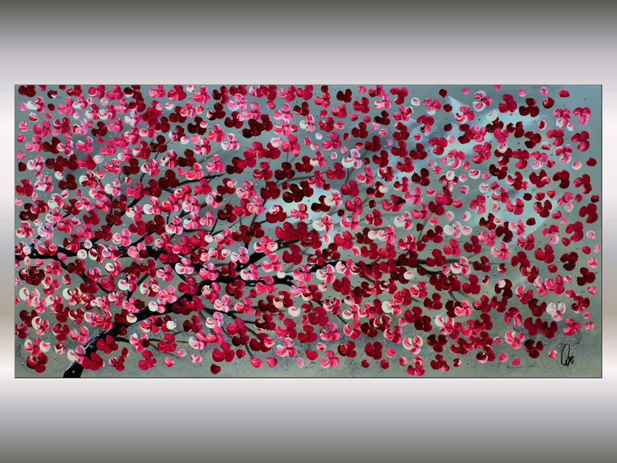 Abstract Botanical Acrylic Painting By Edelgard Schroer, 39 X 20, Romantic Spring, Original Artwork