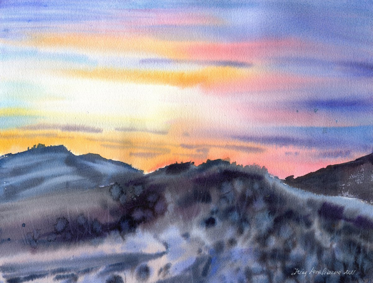 Sunset in the mountains original watercolor artwork, bright colors landscape, decor for be... by Irina Povaliaeva