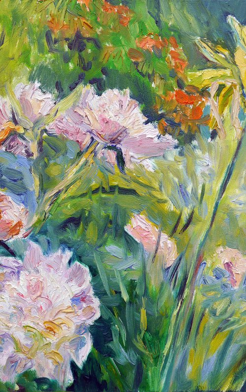 Peonies and Lilies in a Garden by Dima Braga