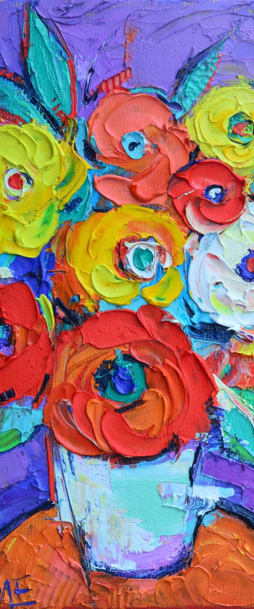 ABSTRACT COLOURFUL WILD ROSES ON PURPLE textural impressionist impasto palette knife oil painting by Ana Maria Edulescu contemporary floral art by ANA MARIA EDULESCU