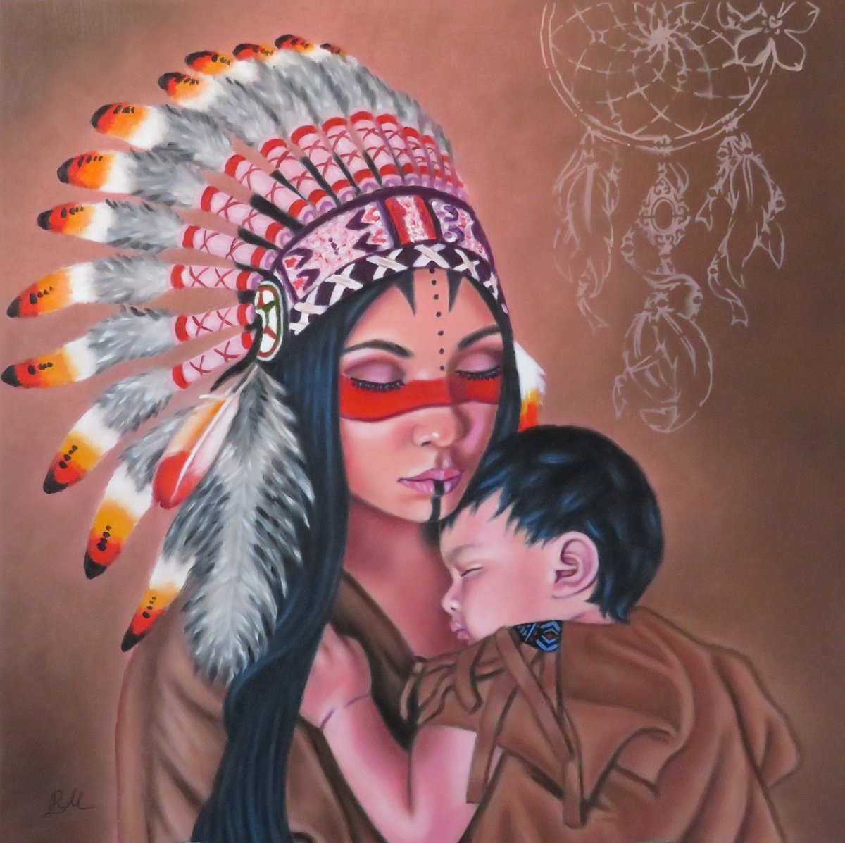 Photorealistic Painting , Native American Mother By Monika Rembowska, 20 X 20, Artwork For Sale On Artfinder
