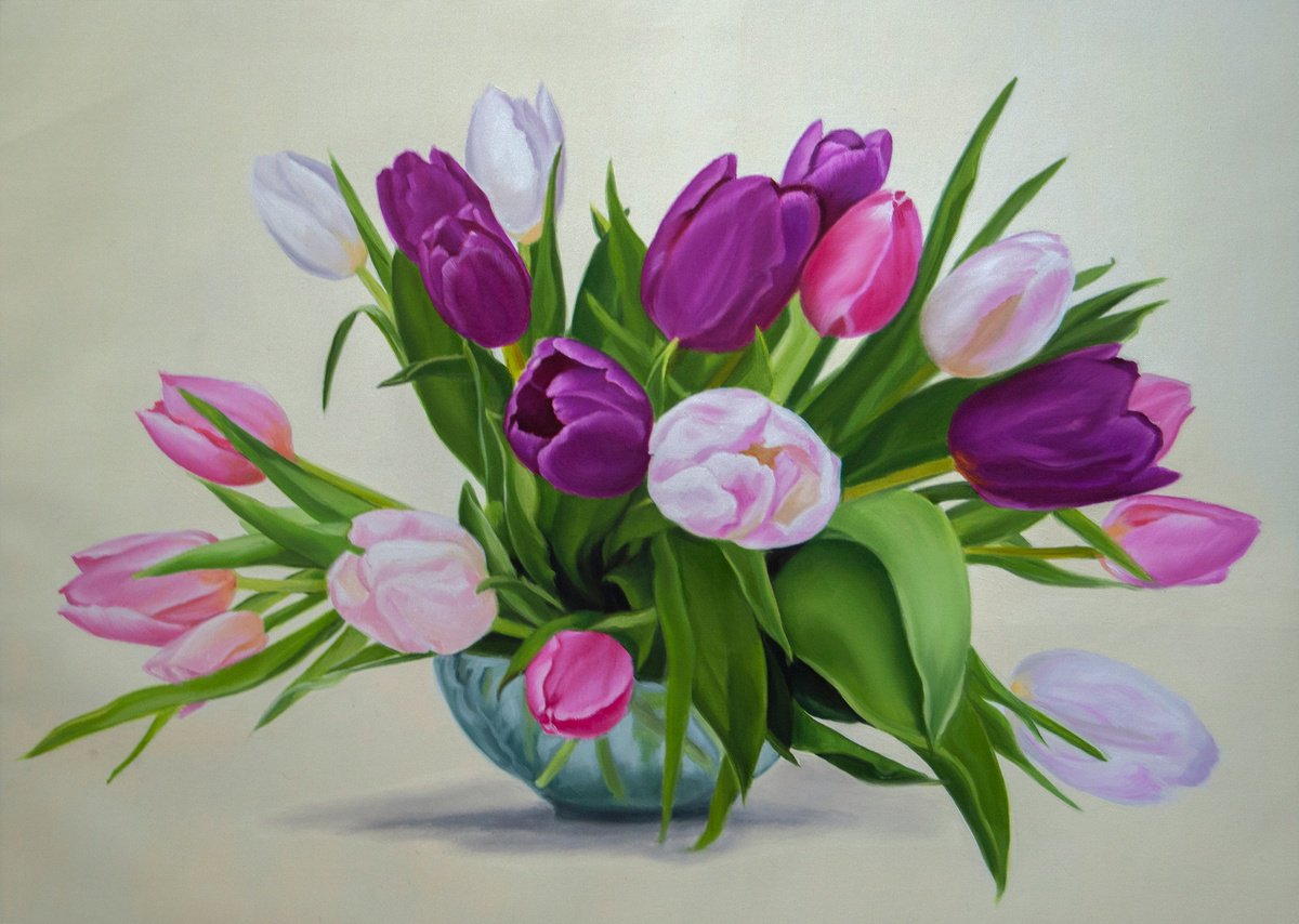 Photorealistic Botanical Oil Painting By Simona Tsvetkova, 28 X 20", Bunch Of Spring Tulips, Original Artwork