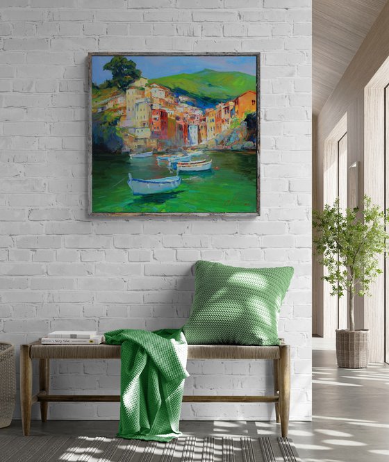 Riomaggiore, Italy seascape oil painting- impasto painting - Italian bay area art work