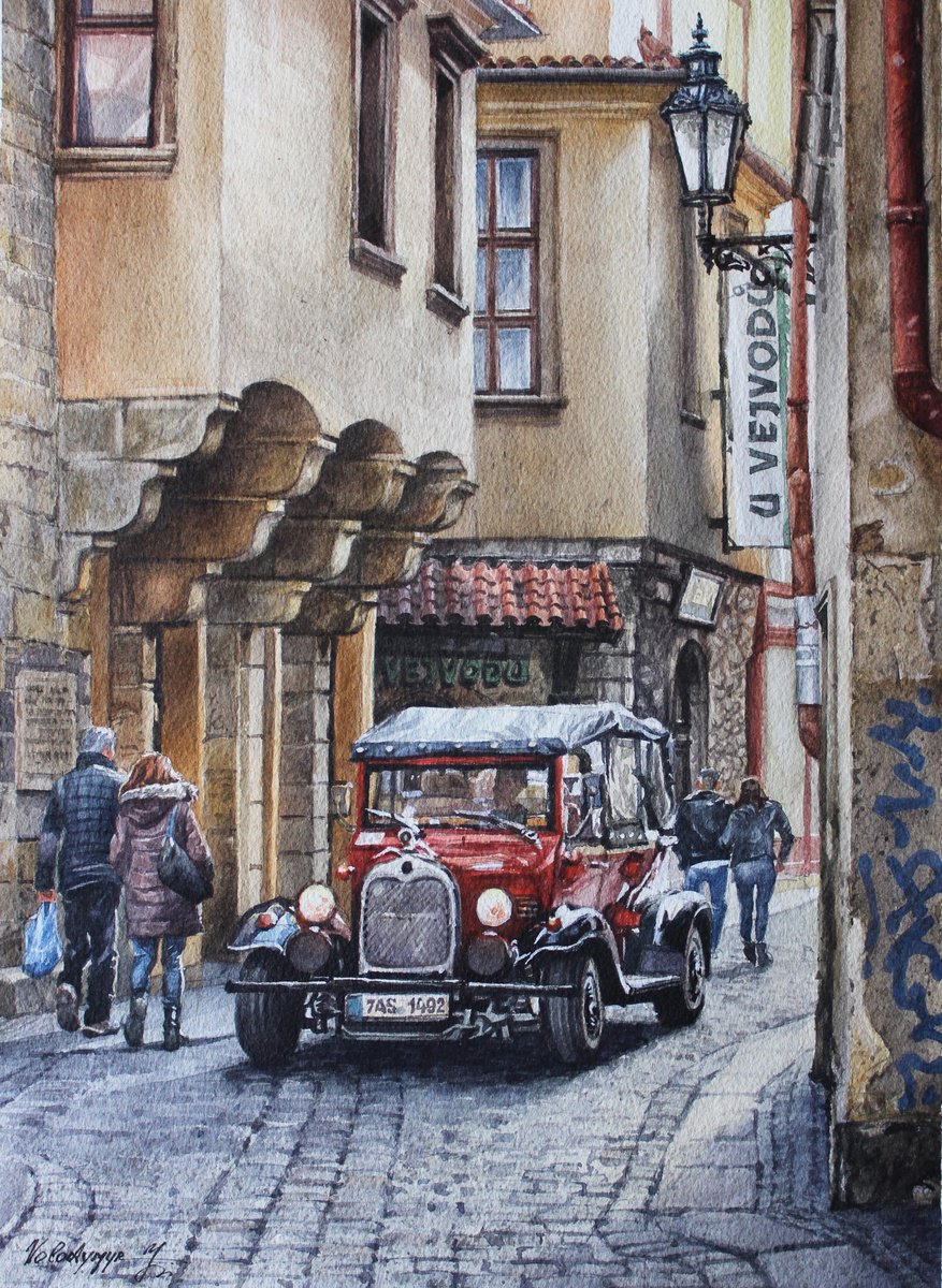 Photorealistic Cityscapes Watercolour By Volodymyr Melnychuk, 11 X 15", Retro Cars Prague, Original Artwork