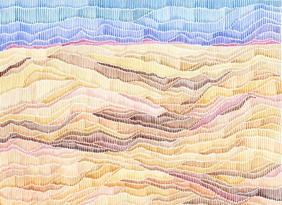 Original watercolor abstract desert landscape made with small lines