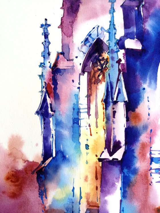 "Gothic cathedral in the evening" original watercolor painting in bright colors