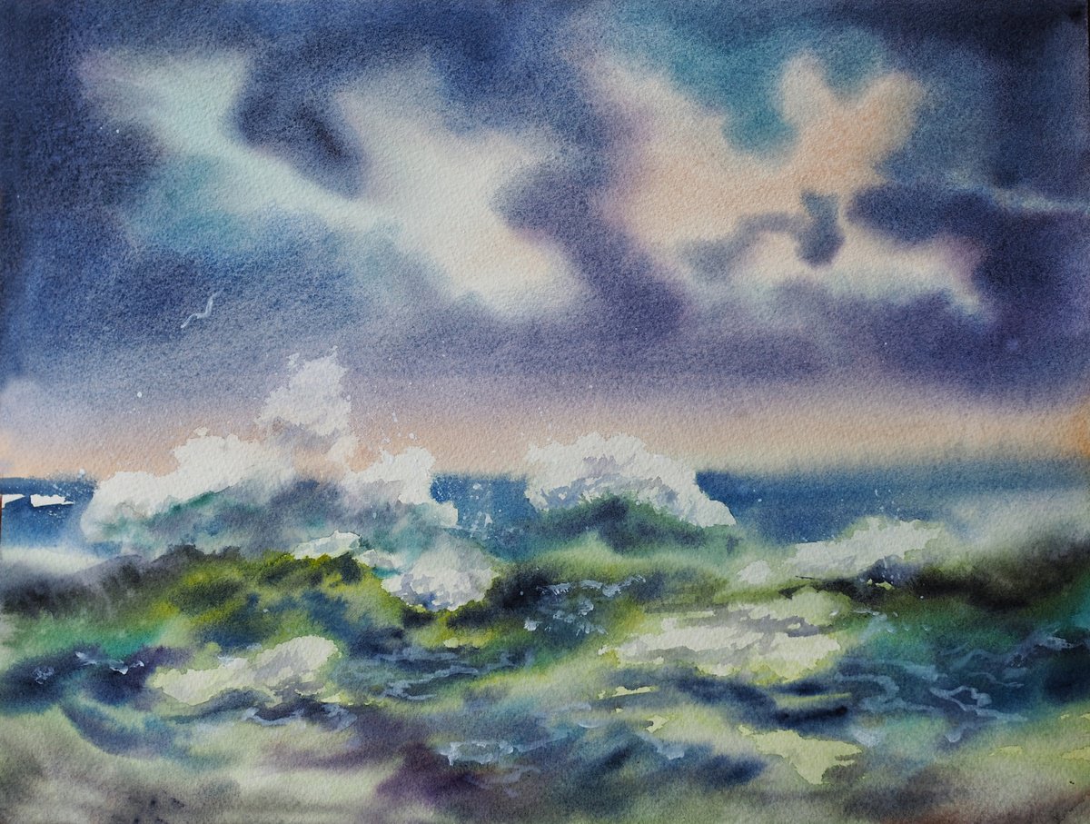 Impressionistic Landscape Watercolour By Delnara El, 15 X 11, Storm Time, Original Artwork