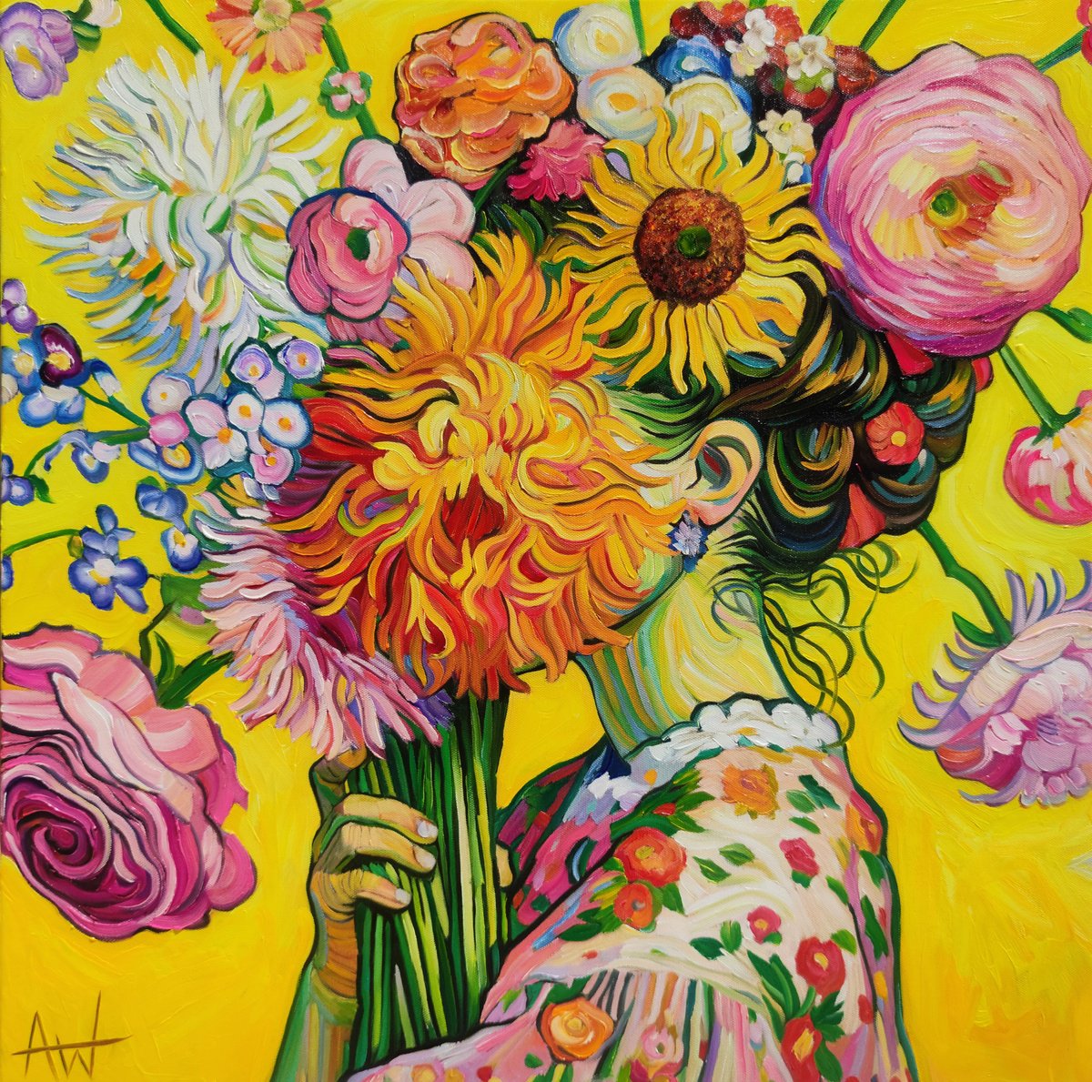 Impressionistic Portrait Oil Painting By Angie Wright, 24 X 24, Flora Incognita, Original Artwork