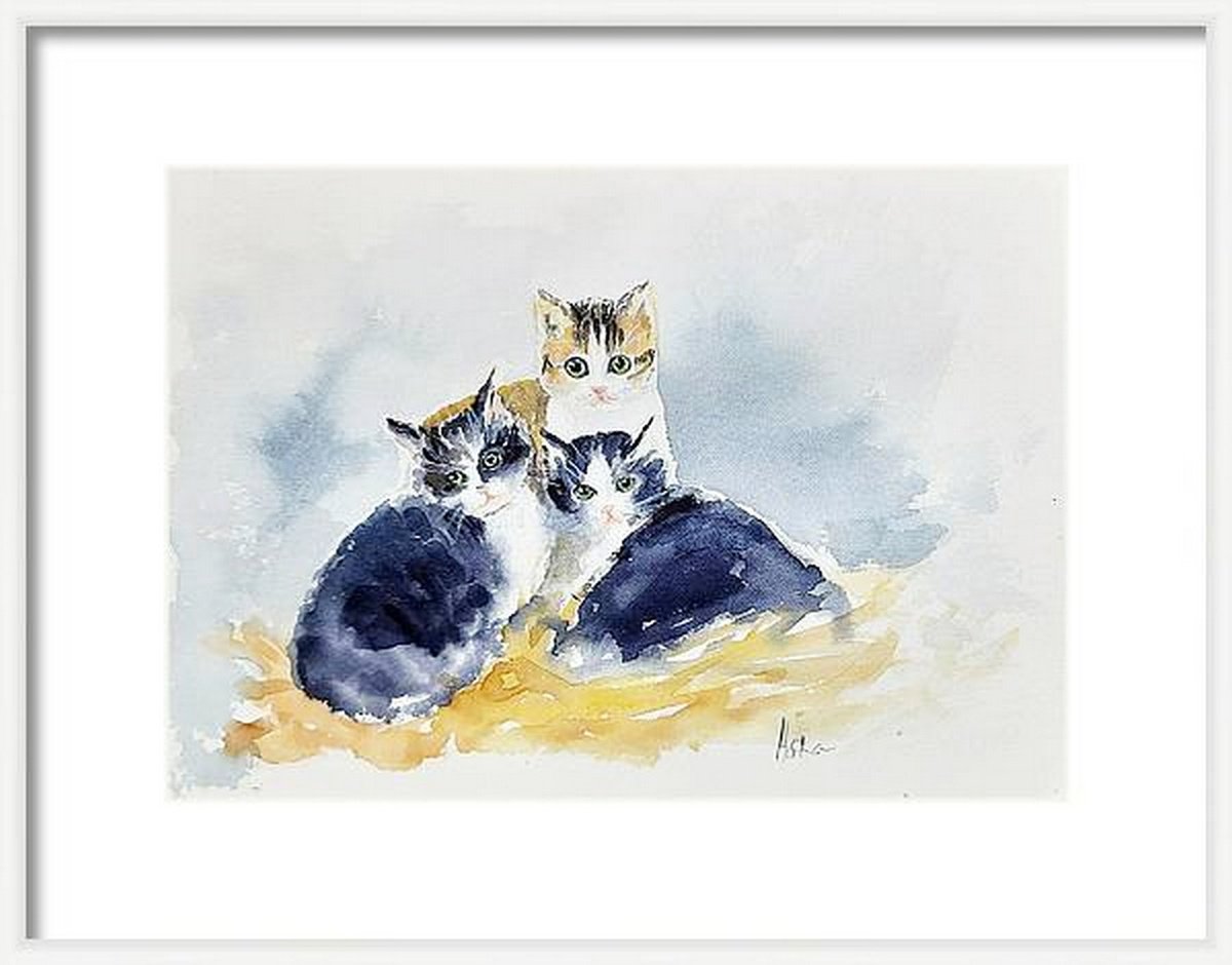 Expressive Animal Drawing By Asha Shenoy, 11 X 8, Three Little Kittens, Original Artwork